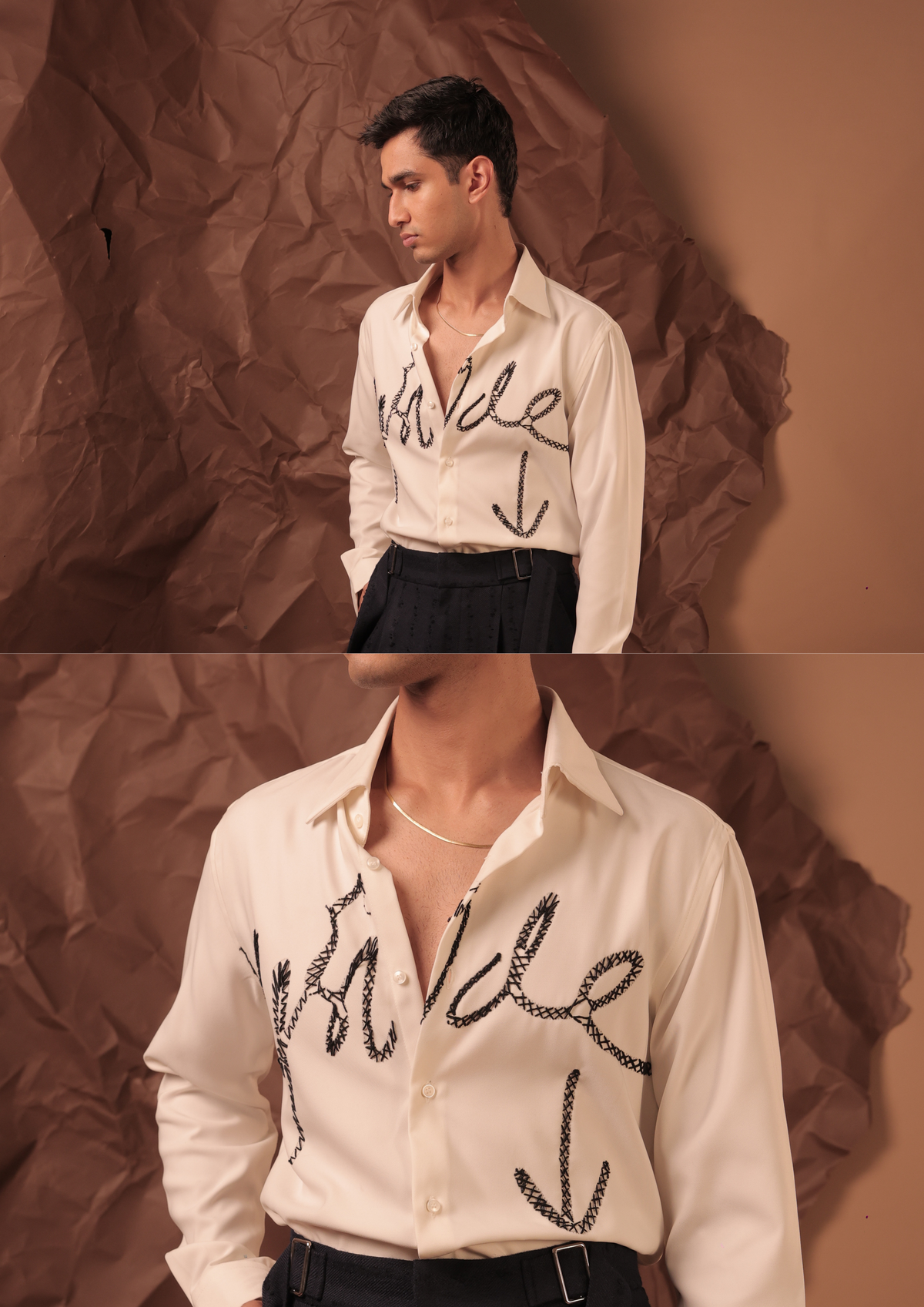 Close-up of HORD Upside Down shirt showing black hand-beaded script and arrow on ivory