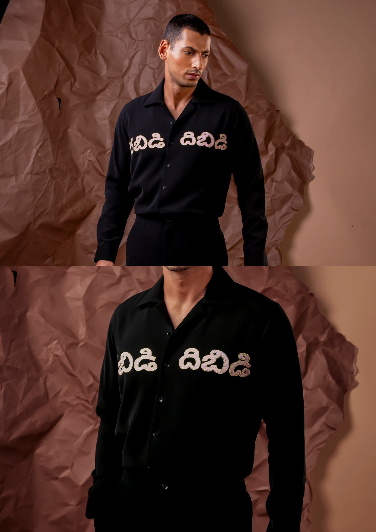 Man wearing HORD Tollywood black shirt with cream regional script typography, full body and detail collage