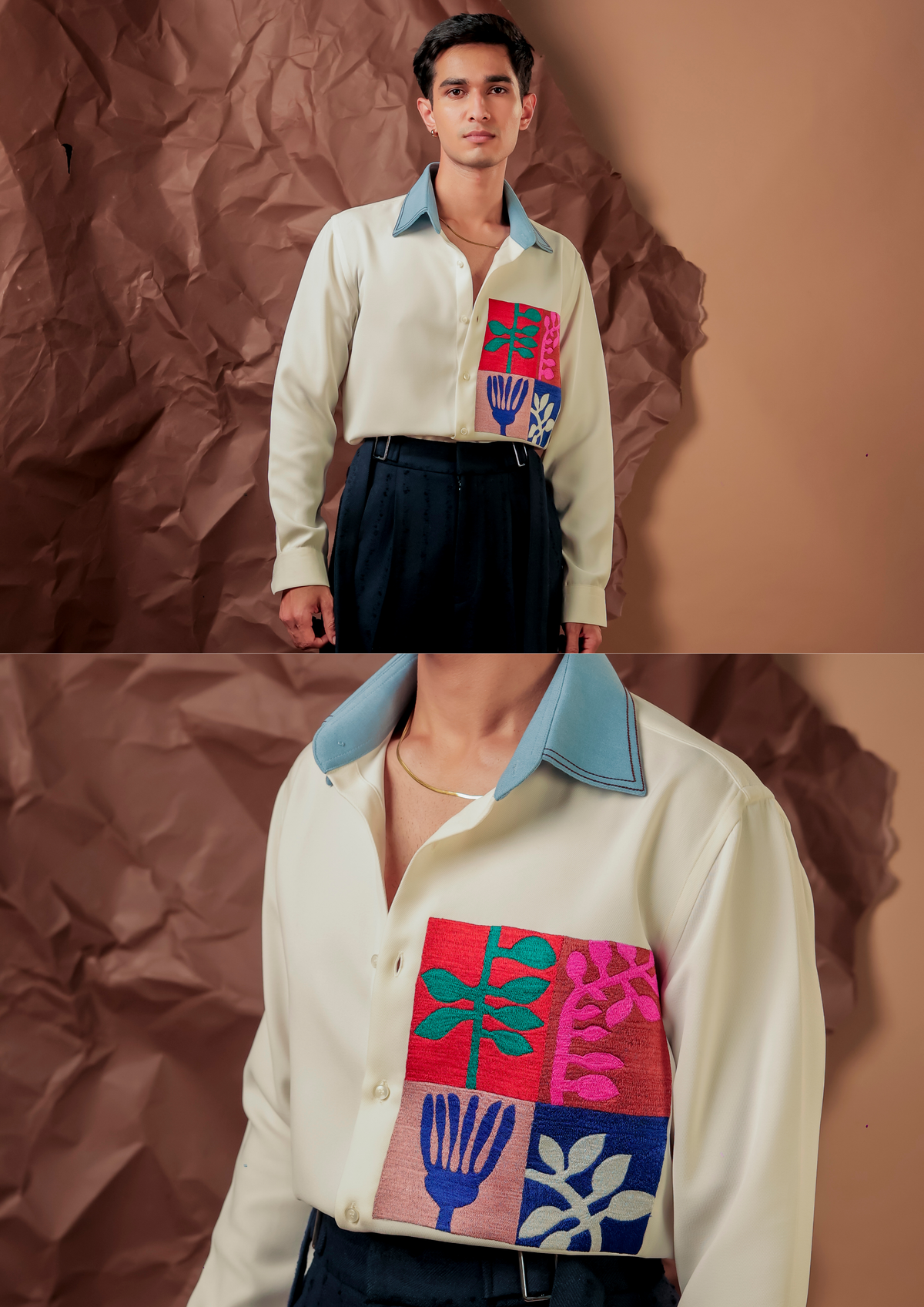 Man wearing HORD Hub School Boy ivory shirt with colorful varsity patchwork panel, full body and detail collage