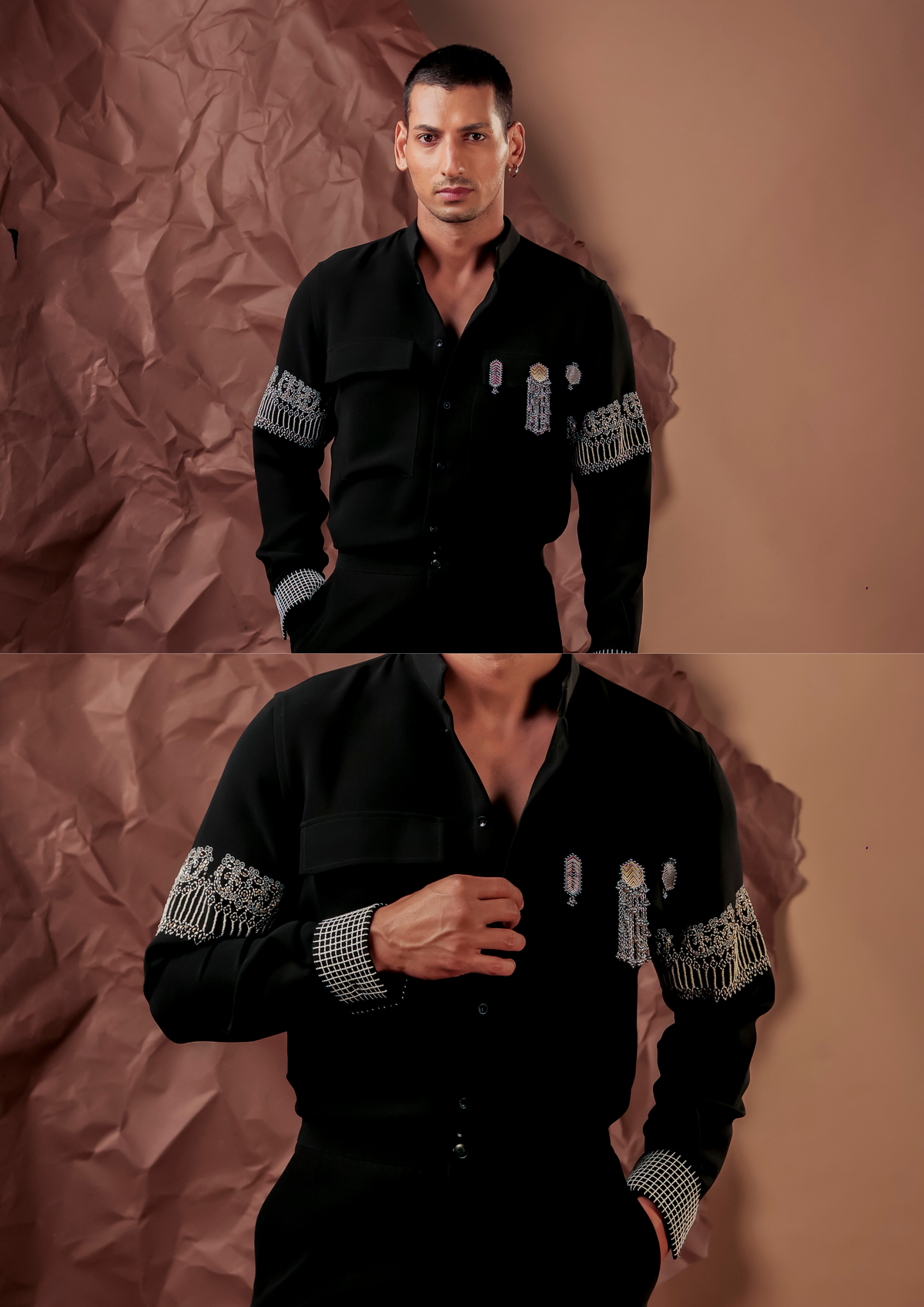 Close-up of HORD Saaz Shirt showing fringed silver armband, houndstooth cuff and jewelled chest brooches on black