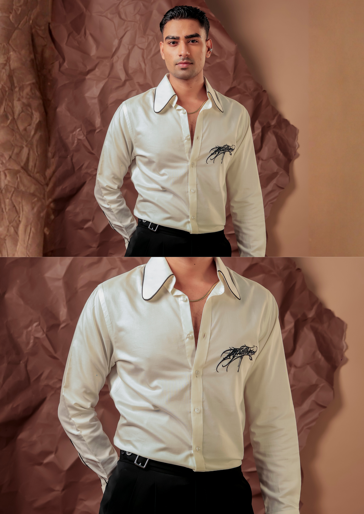 Man wearing HORD The Round About White ivory shirt with embroidered spider motif, full body and detail collage