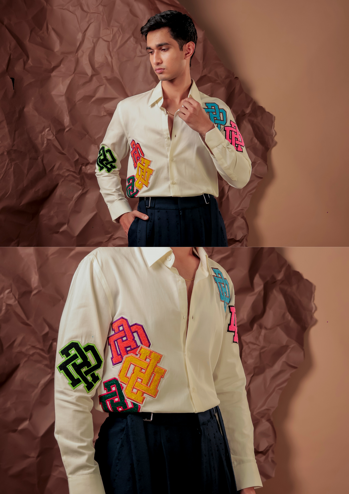 Man wearing HORD University Shirt in ivory with colorful varsity letter patches, full body and detail collage