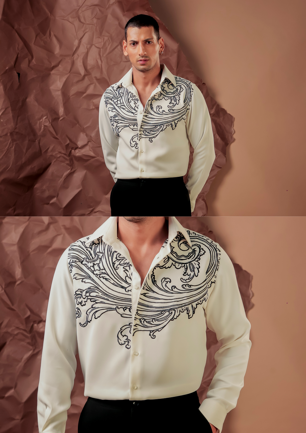Close-up of HORD Bespoke shirt showing black acanthus scroll embroidery on ivory yoke