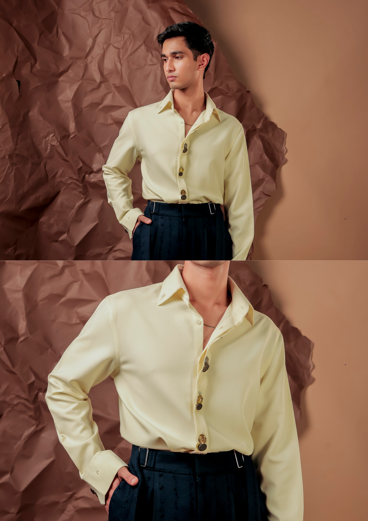 Man wearing HORD Khotta Sikka White shirt in butter yellow with brown buttons, full body and detail collage