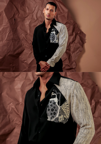 Man wearing HORD Lefty black shirt with tweed contrast sleeve and embroidered patch, full body and detail collage