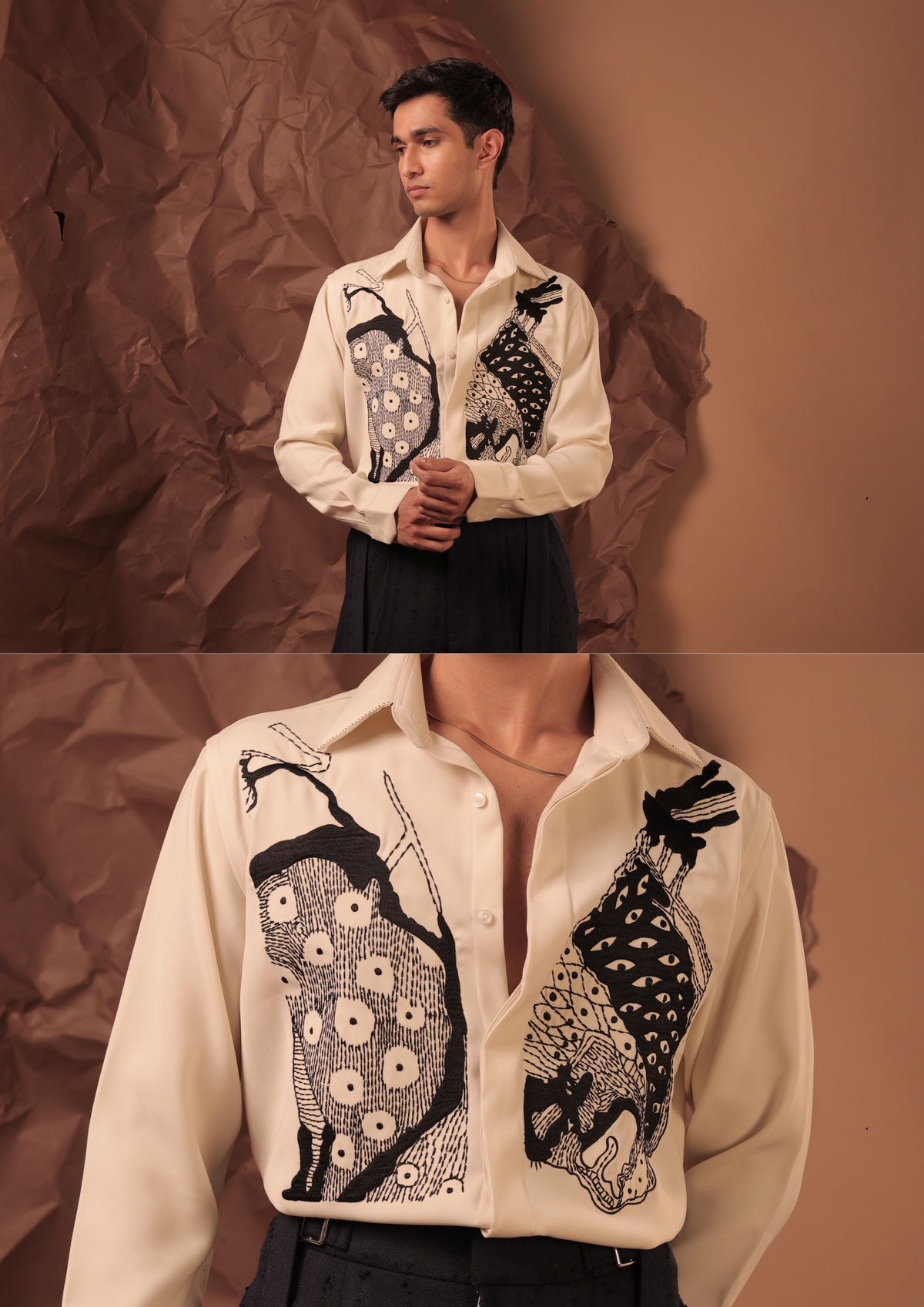 Man wearing HORD Off Set Yoke ivory shirt with black and white bird illustration, full body and detail collage