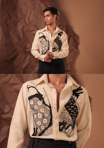 Man wearing HORD Off Set Yoke ivory shirt with black and white bird illustration, full body and detail collage