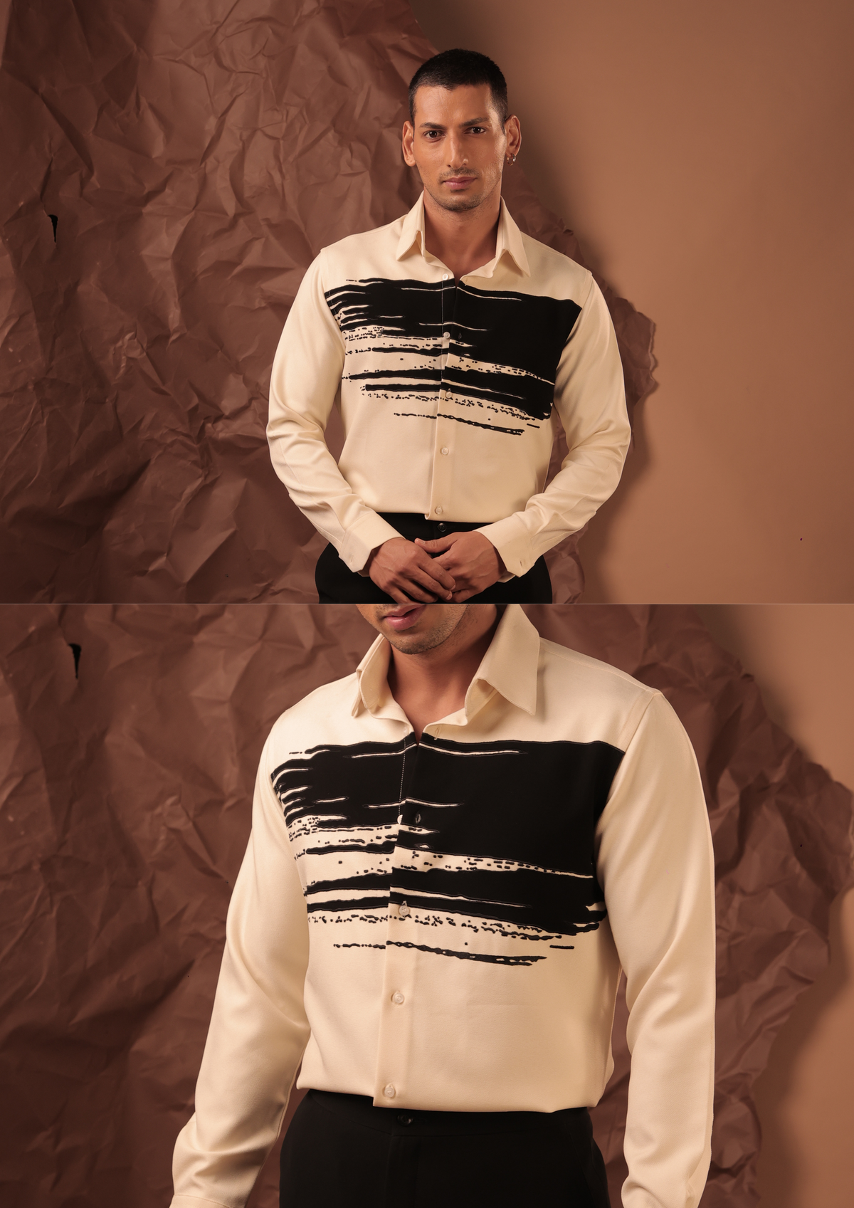 Close-up of HORD Unfinished Business shirt showing textured black brush strokes on cream