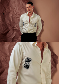 Man wearing HORD Diet Coke ivory shirt with embroidered bottle patch, full body and detail collage