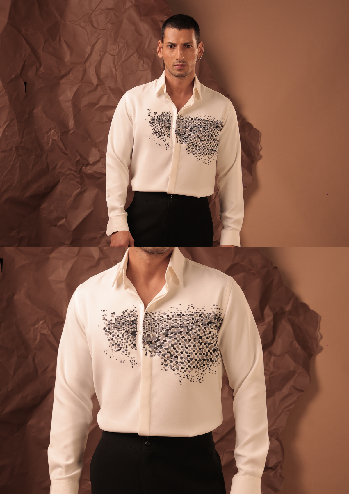 Man wearing HORD Dusturbance ivory shirt with pixelated glitch print, full body and detail collage