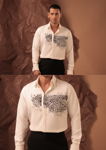 Man wearing HORD Dusturbance ivory shirt with pixelated glitch print, full body and detail collage