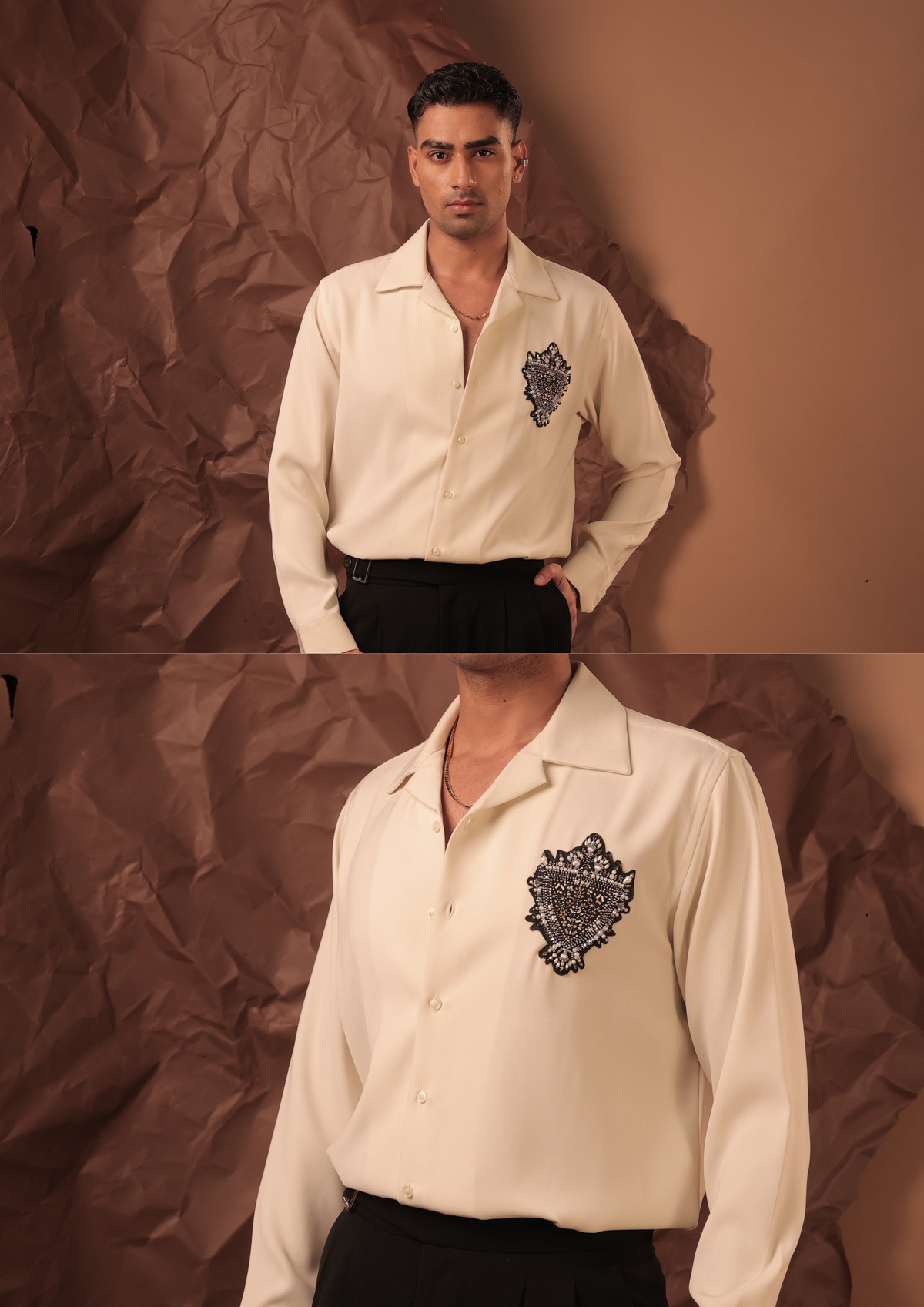 Close-up of HORD McQueentessential Off-White shirt showing black and silver beaded crest