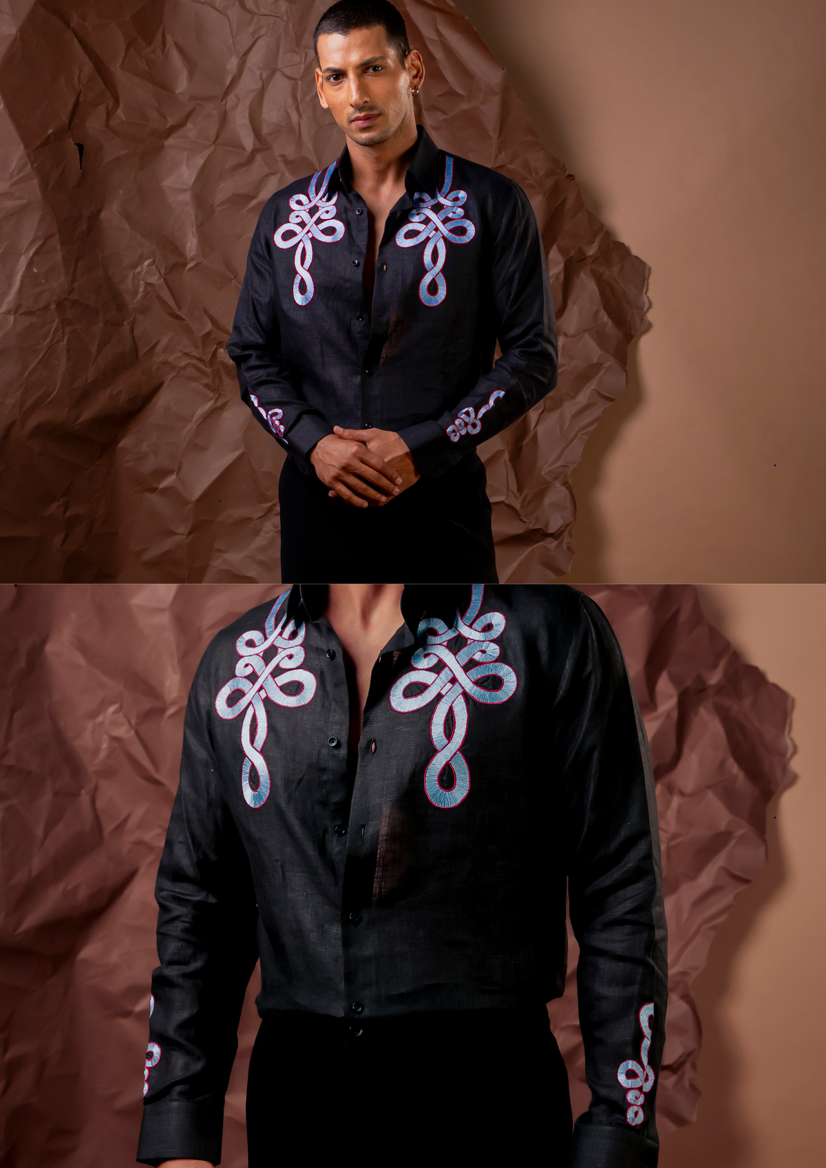 Close-up of HORD Slow Dance shirt showing lilac and blue cord-knot embroidery on the chest