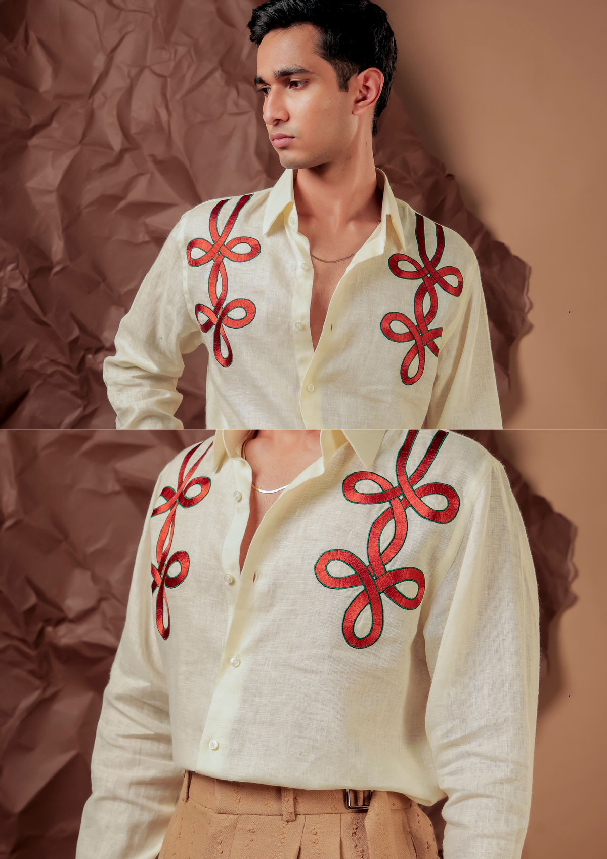 Close-up of HORD Slow Magic shirt showing red looping cord knots on butter cream