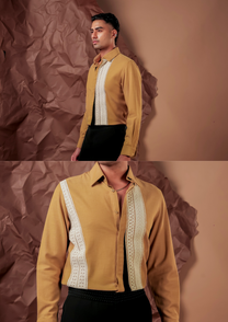Man wearing HORD Honey Mustard shirt with ivory lace placket panel, full body and detail collage