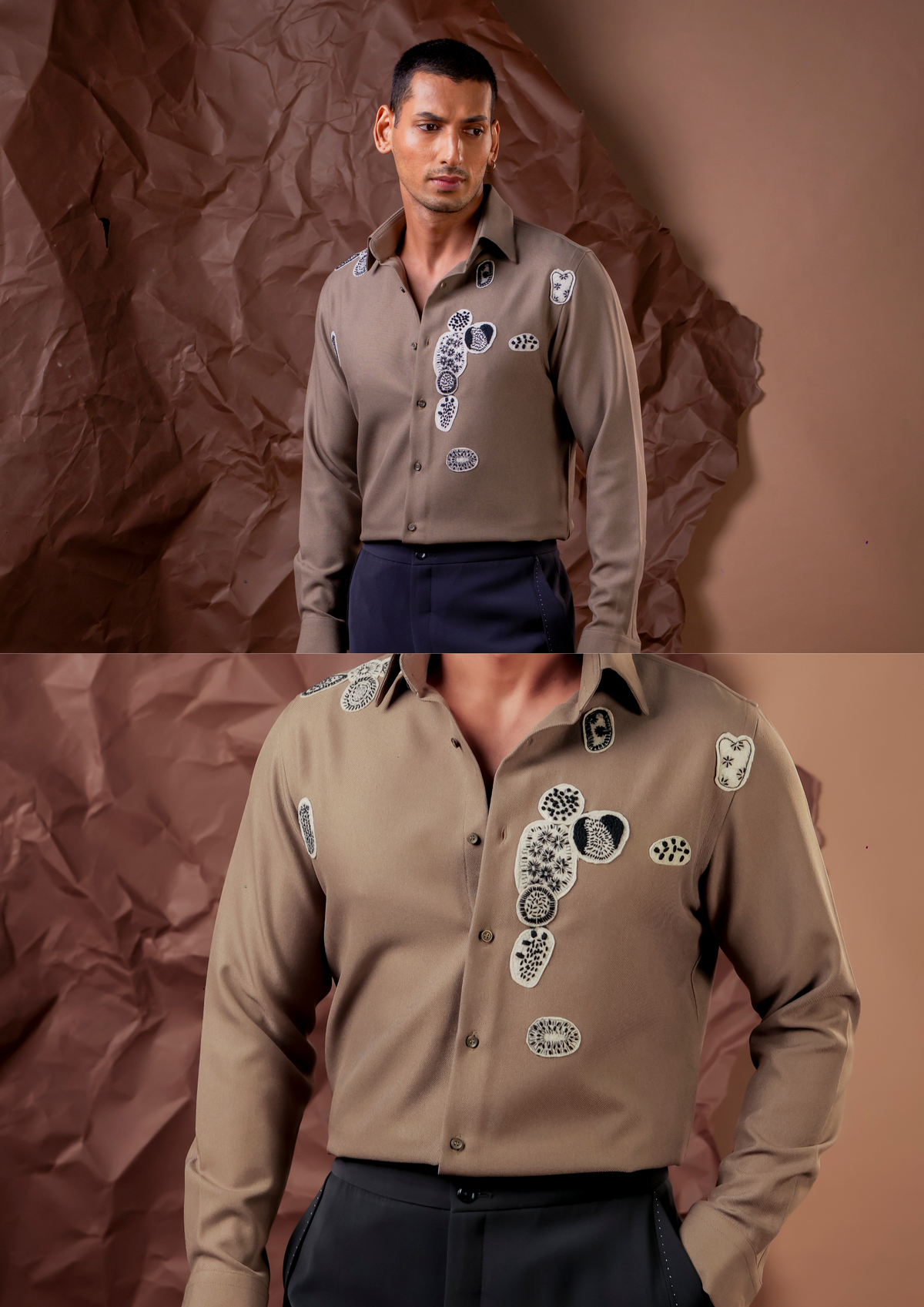 Close-up of HORD Almost shirt showing monochrome embroidered motifs on greige