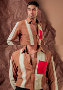 Man wearing HORD Soil Mates brown shirt with ivory lace panel and red pocket square, full body and detail collage