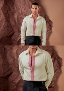 Close-up of HORD Meshmerize Off White shirt showing red gingham check placket on ivory