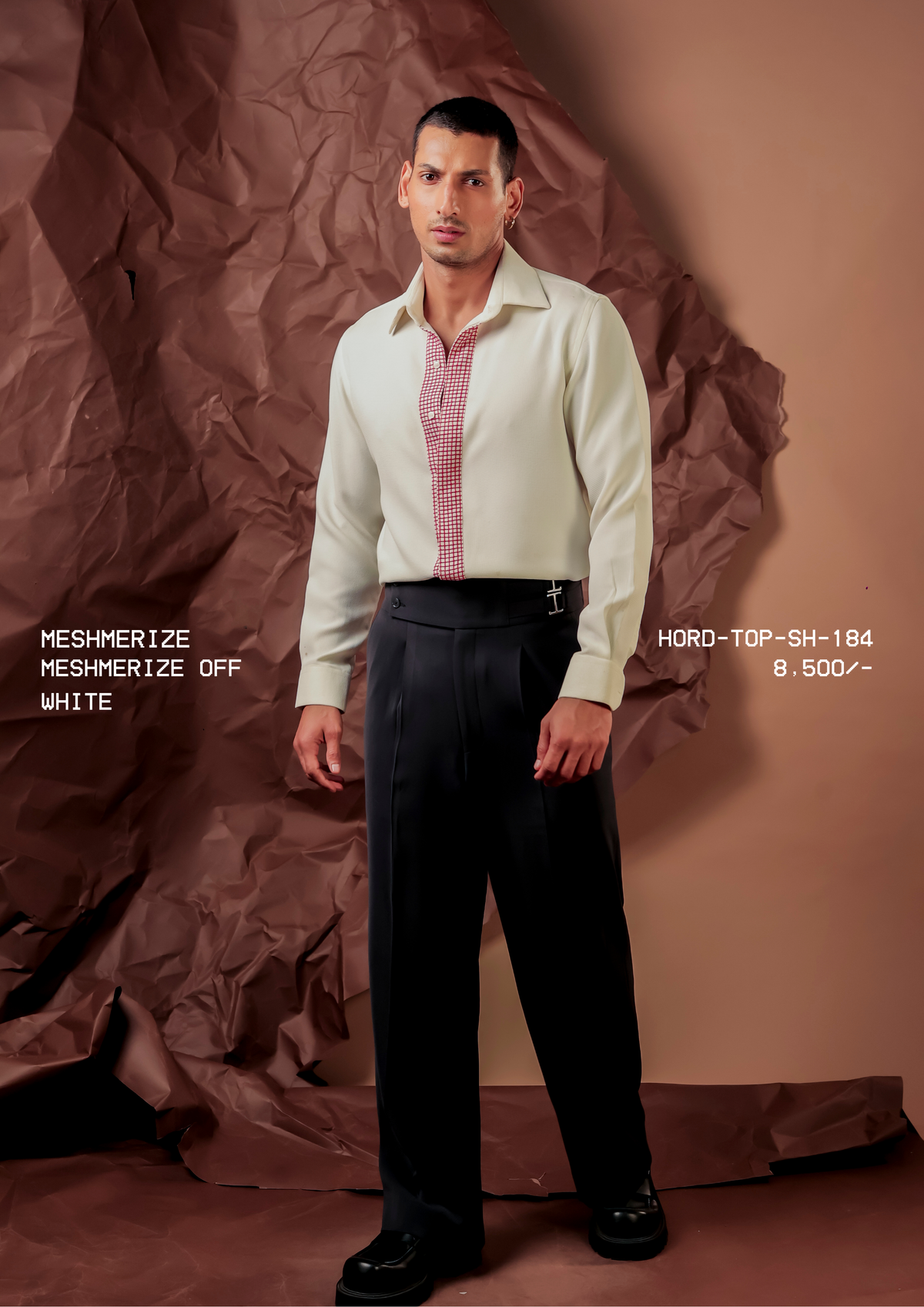 Man wearing HORD Meshmerize Off White shirt with red gingham placket, full-length studio shot