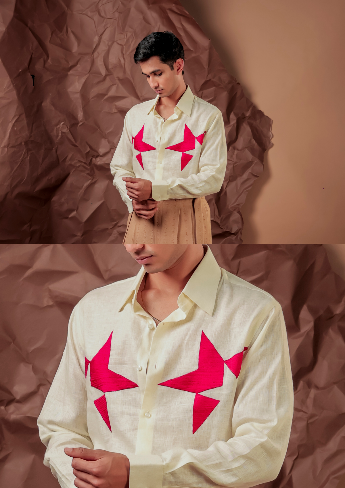 Close-up of HORD Starchive shirt showing hot pink star appliques on butter cream chest