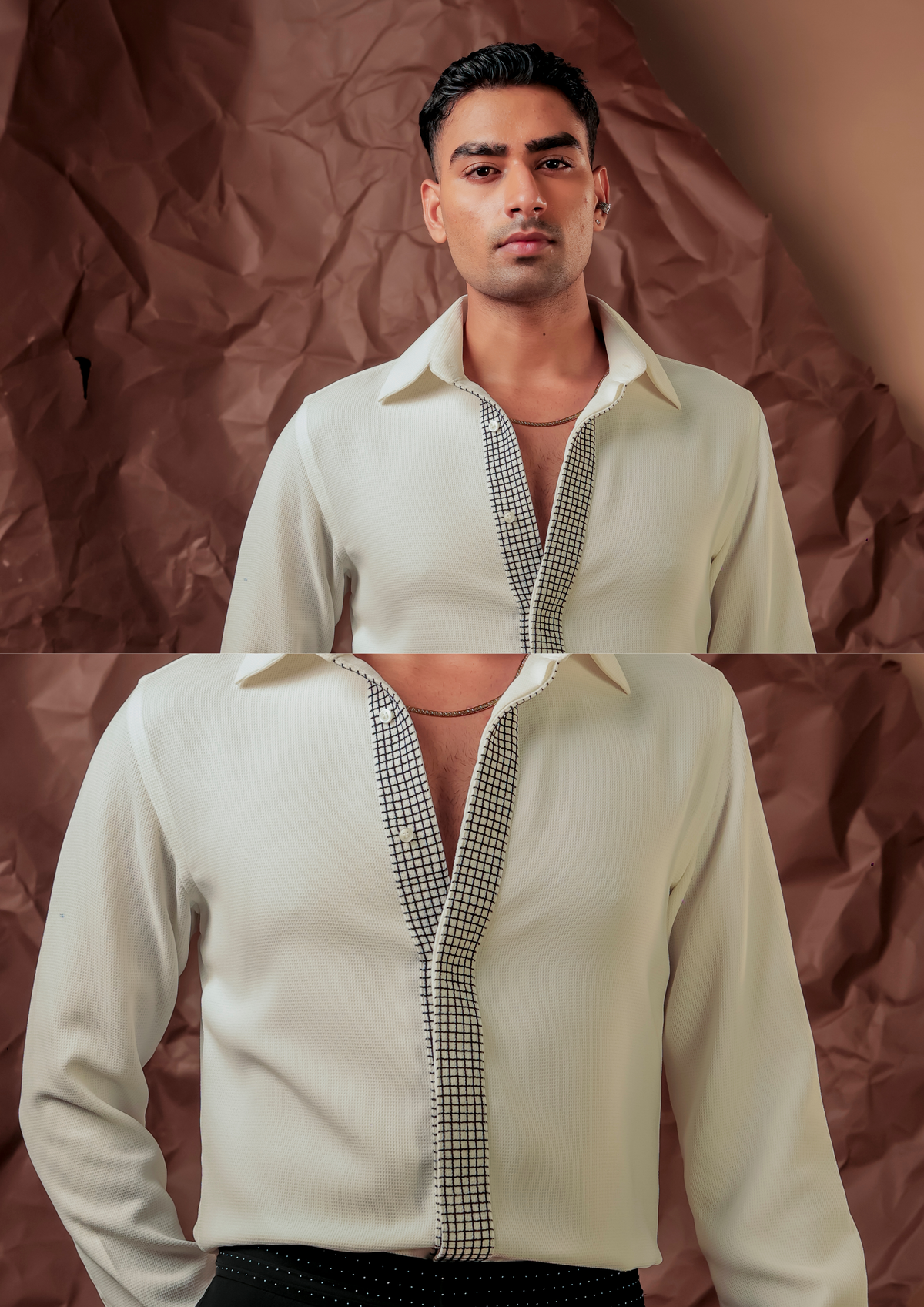 Close-up of HORD Meshmerize White shirt showing black houndstooth placket