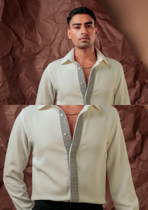 Close-up of HORD Meshmerize White shirt showing black houndstooth placket
