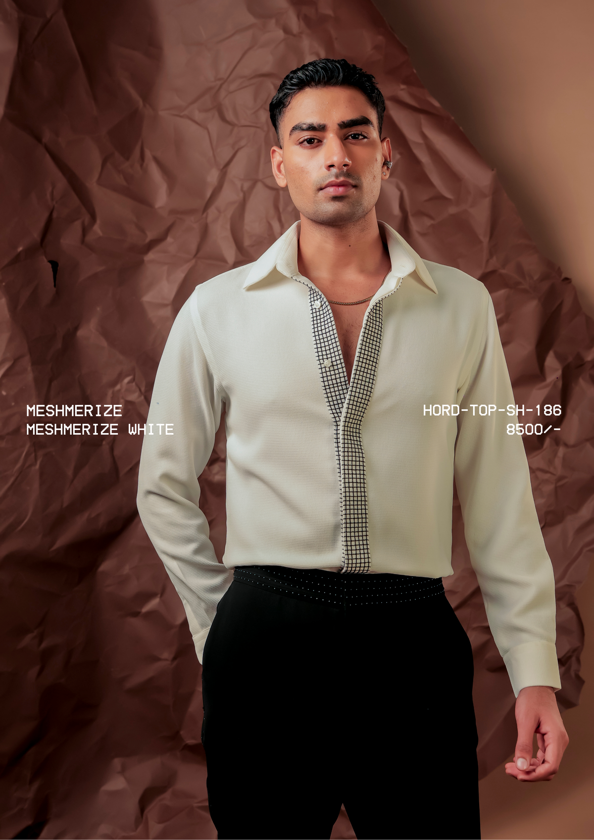 Man wearing HORD Meshmerize White shirt with black houndstooth placket, studio shot