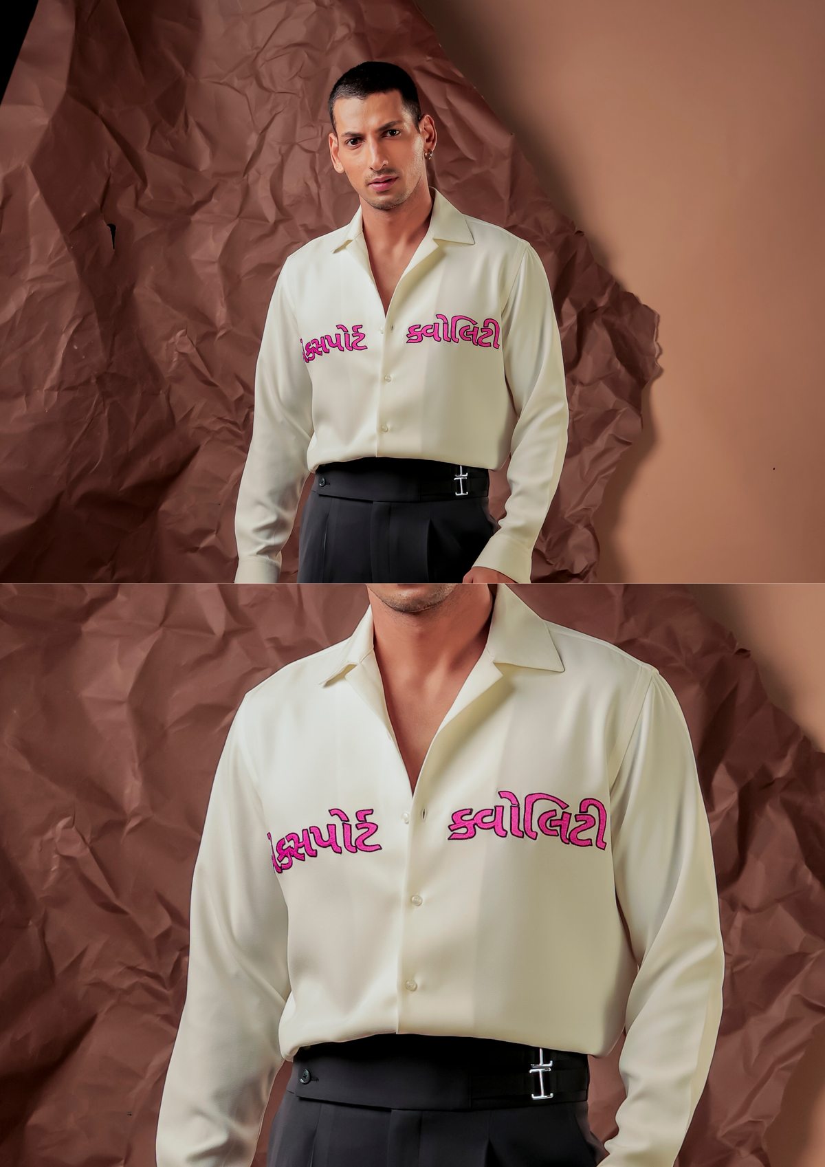 Man wearing HORD Export Quality ivory shirt with pink regional script typography, full body and detail collage