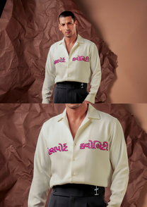 Man wearing HORD Export Quality ivory shirt with pink regional script typography, full body and detail collage
