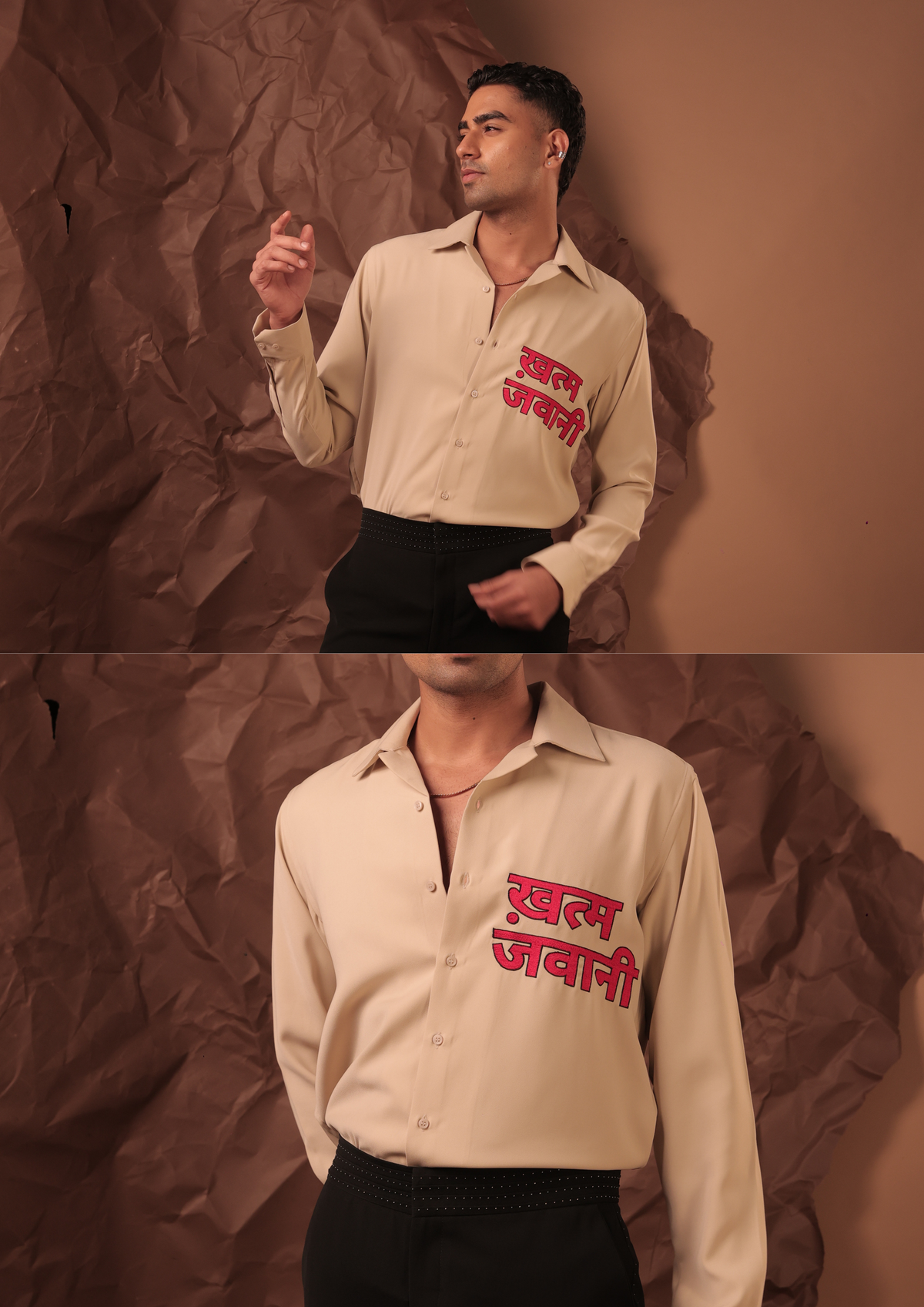 Man wearing HORD Khatam Jawani beige shirt with red regional script typography on pocket, full body and detail collage