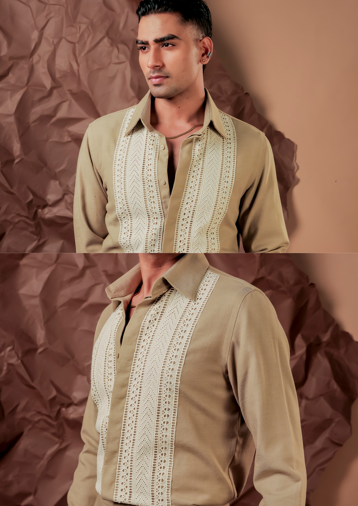 Man wearing HORD Lacescape khaki shirt with ivory lace placket panel, full body and detail collage
