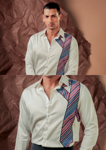 Man wearing HORD Tied &amp; Tested ivory shirt with printed necktie graphic, full body and detail collage