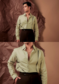 Man wearing HORD Scaffolding sage green shirt with olive diagonal tape line appliques, full body and detail collage