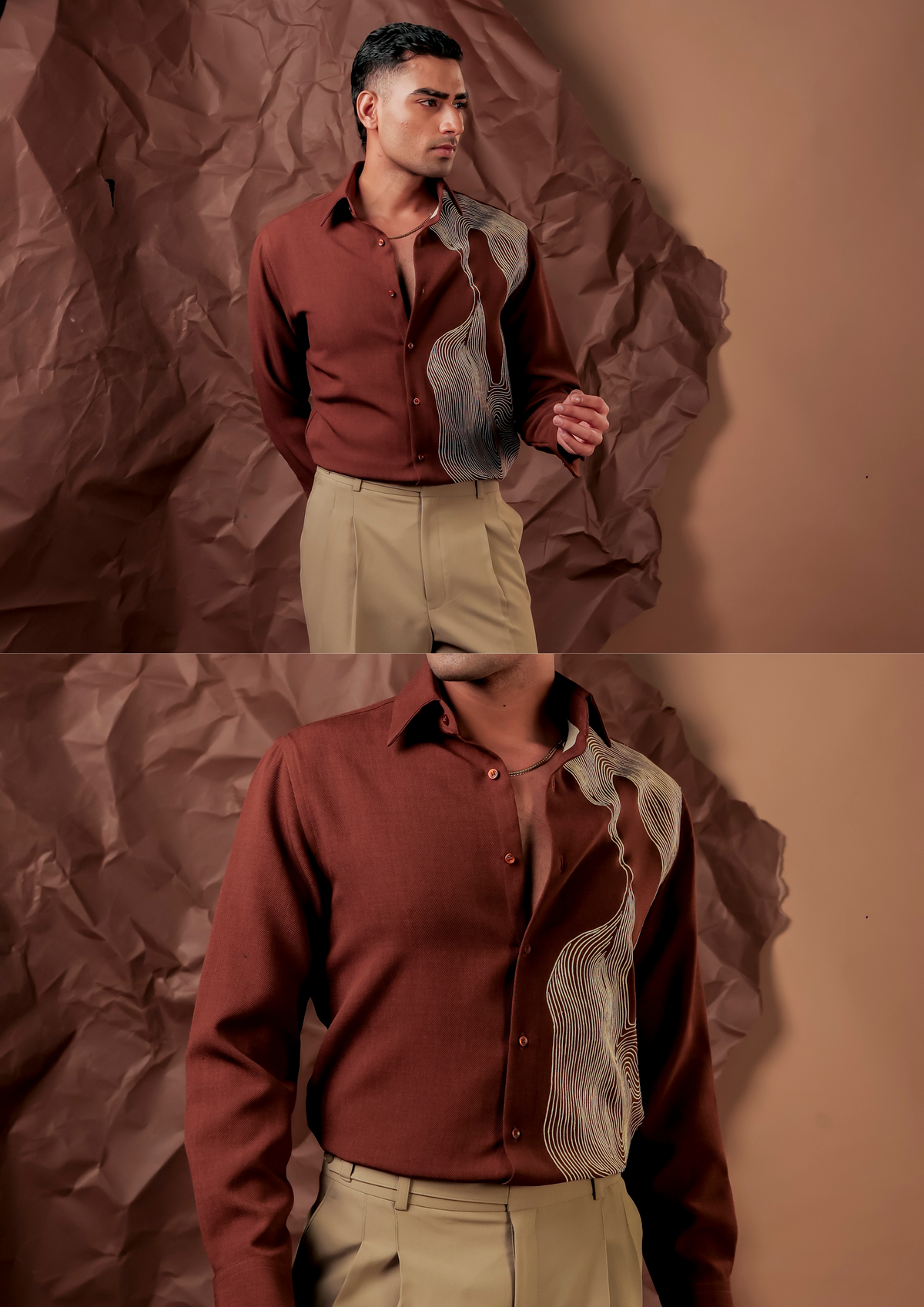 Man wearing HORD Chowmain rust shirt with white swirl noodle-inspired print, full body and detail collage