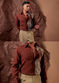 Man wearing HORD Chowmain rust shirt with white swirl noodle-inspired print, full body and detail collage