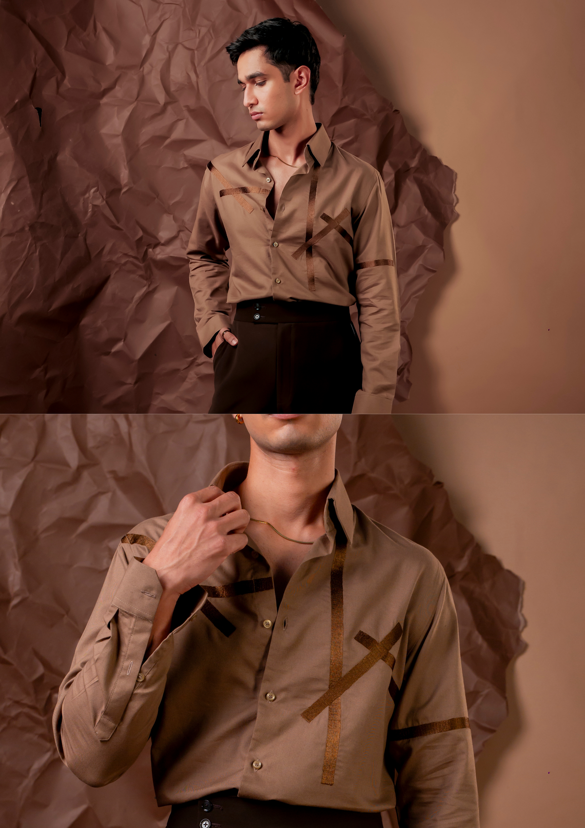 Man wearing HORD Kitkat Milkshake khaki shirt with brown crossing tape line appliques, full body and detail collage