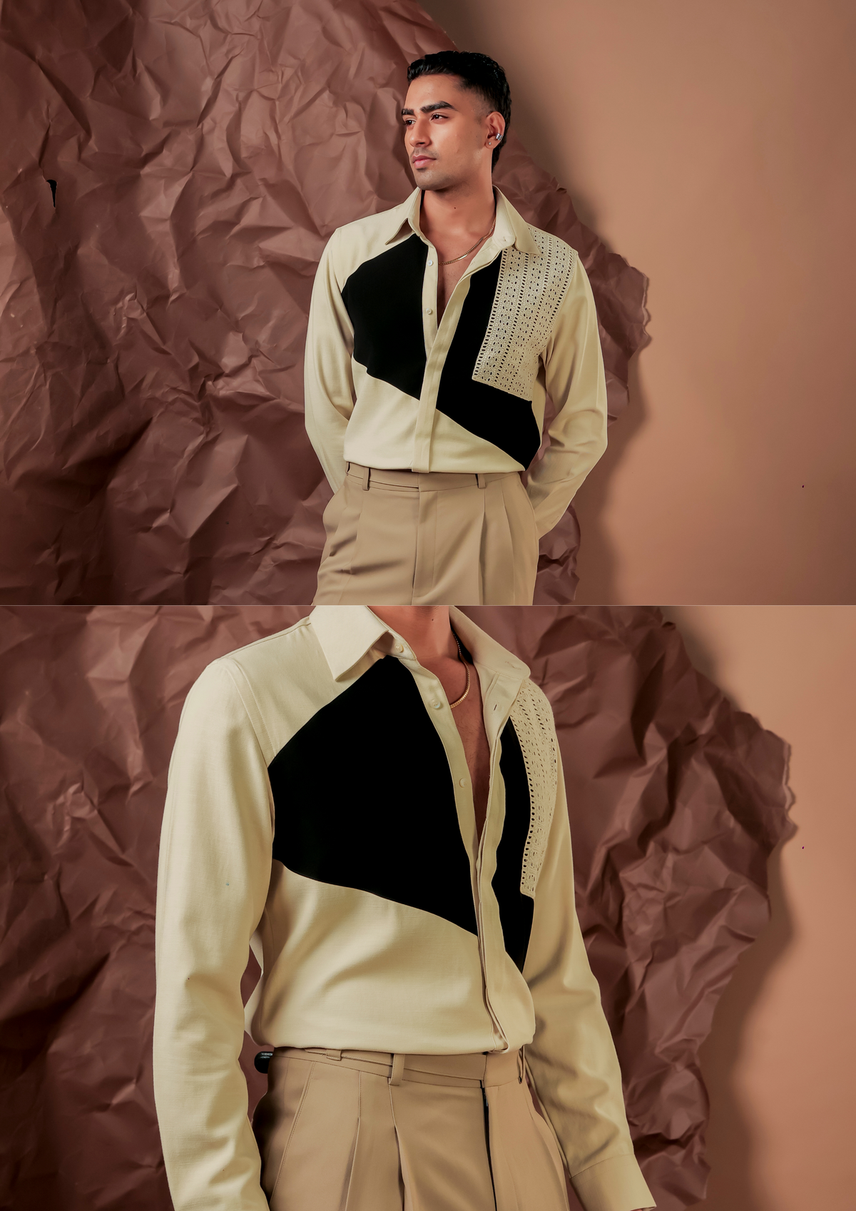 Man wearing HORD Underground Grace ivory and black colorblock shirt with embellished triangular panel, full body and detail collage