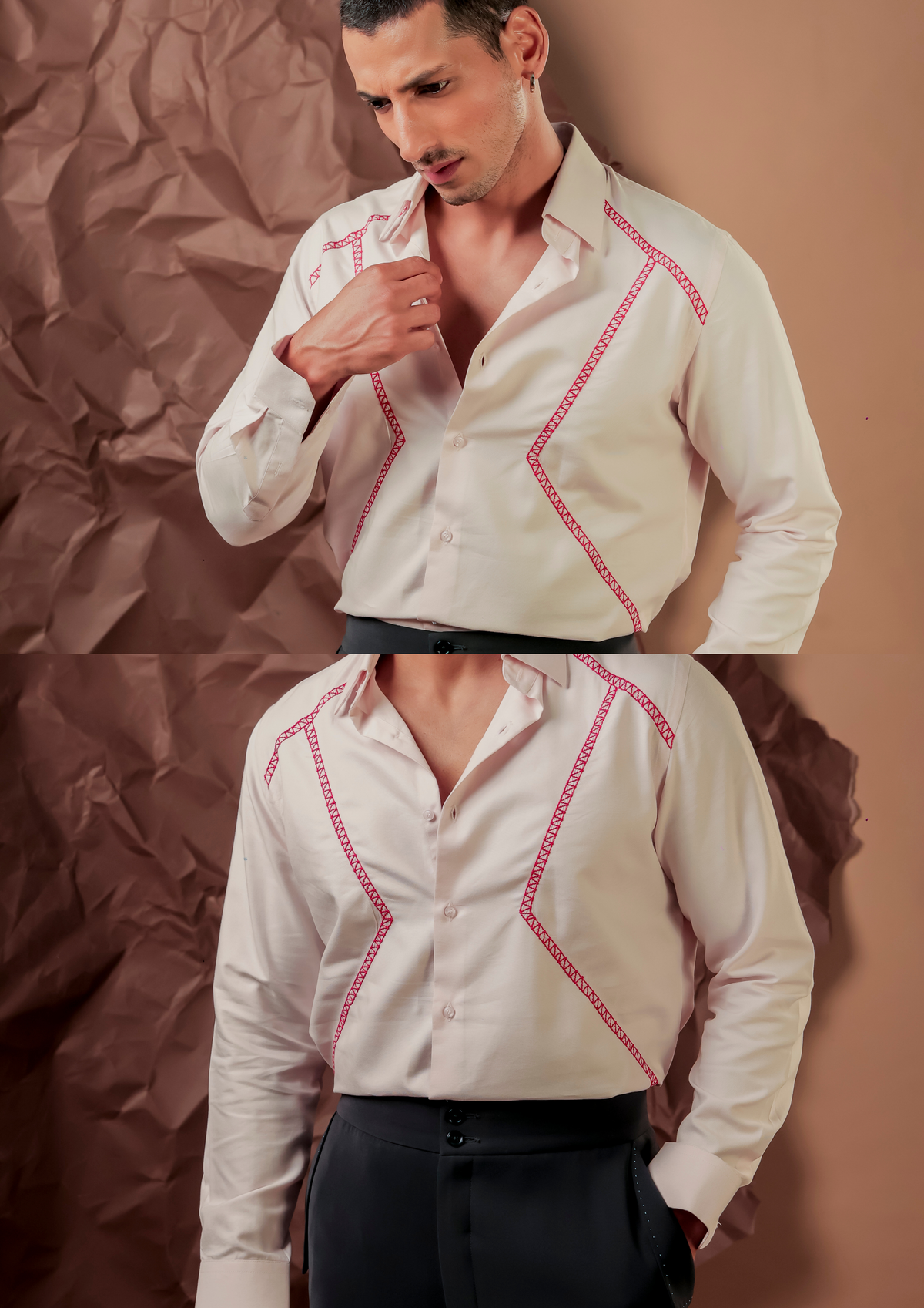 Close-up of HORD 2/7 shirt showing red zigzag hand embroidery along ivory yoke and chest