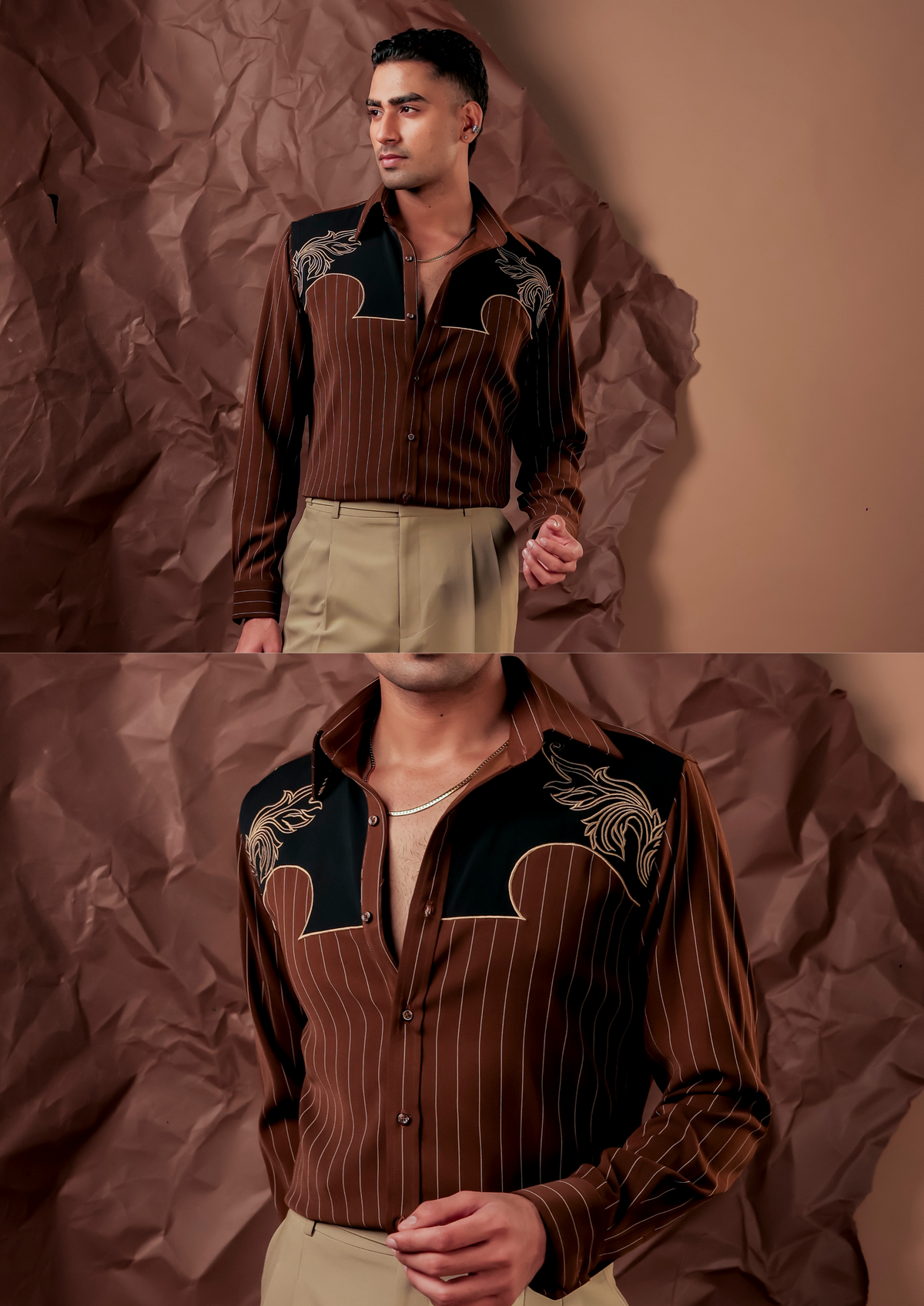Man wearing HORD Lone Star brown pinstriped shirt with black western yoke and gold feather embroidery, full body and detail collage