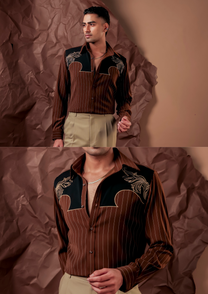 Man wearing HORD Lone Star brown pinstriped shirt with black western yoke and gold feather embroidery, full body and detail collage