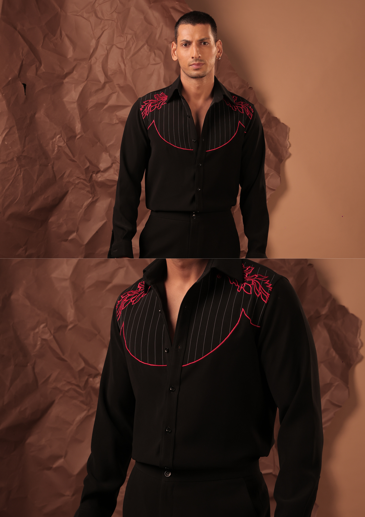 Man wearing HORD Old Soul black pinstriped shirt with pink feather embroidery on yoke, full body and detail collage