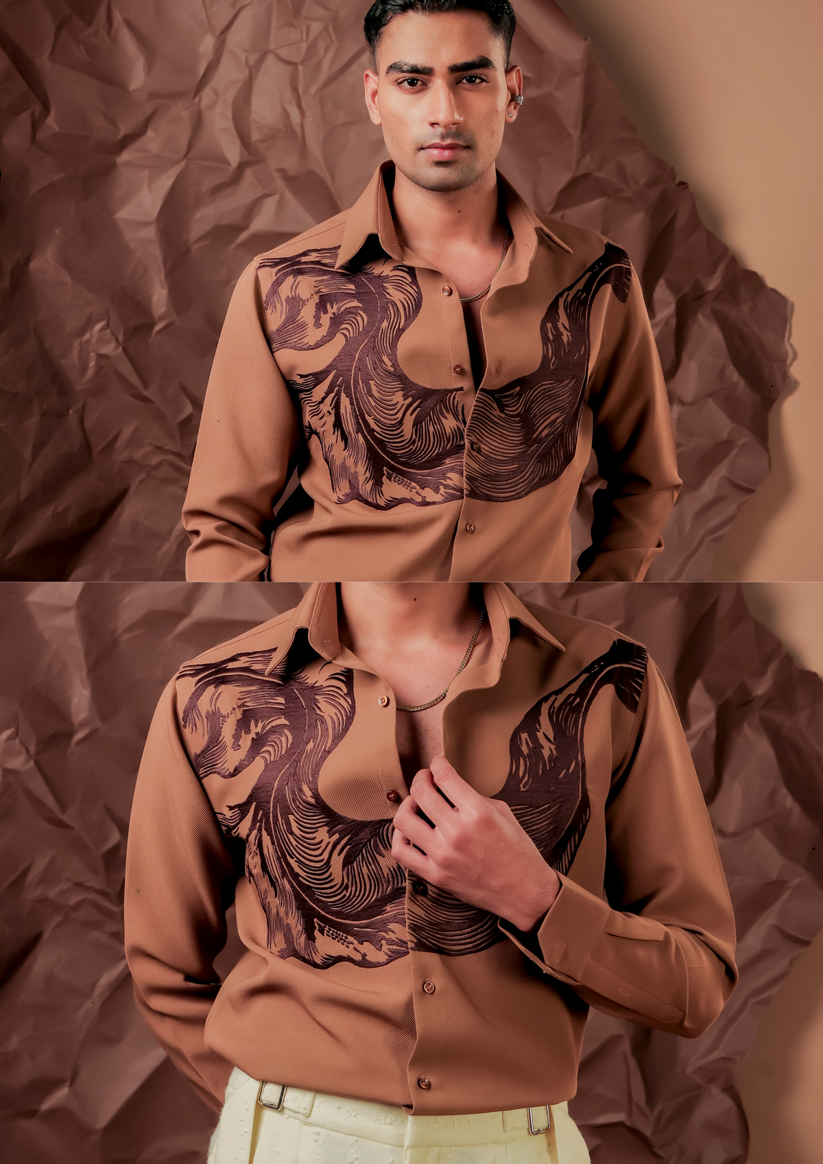 Man wearing HORD Spring Roll camel shirt with dark brown abstract print, full body and detail collage
