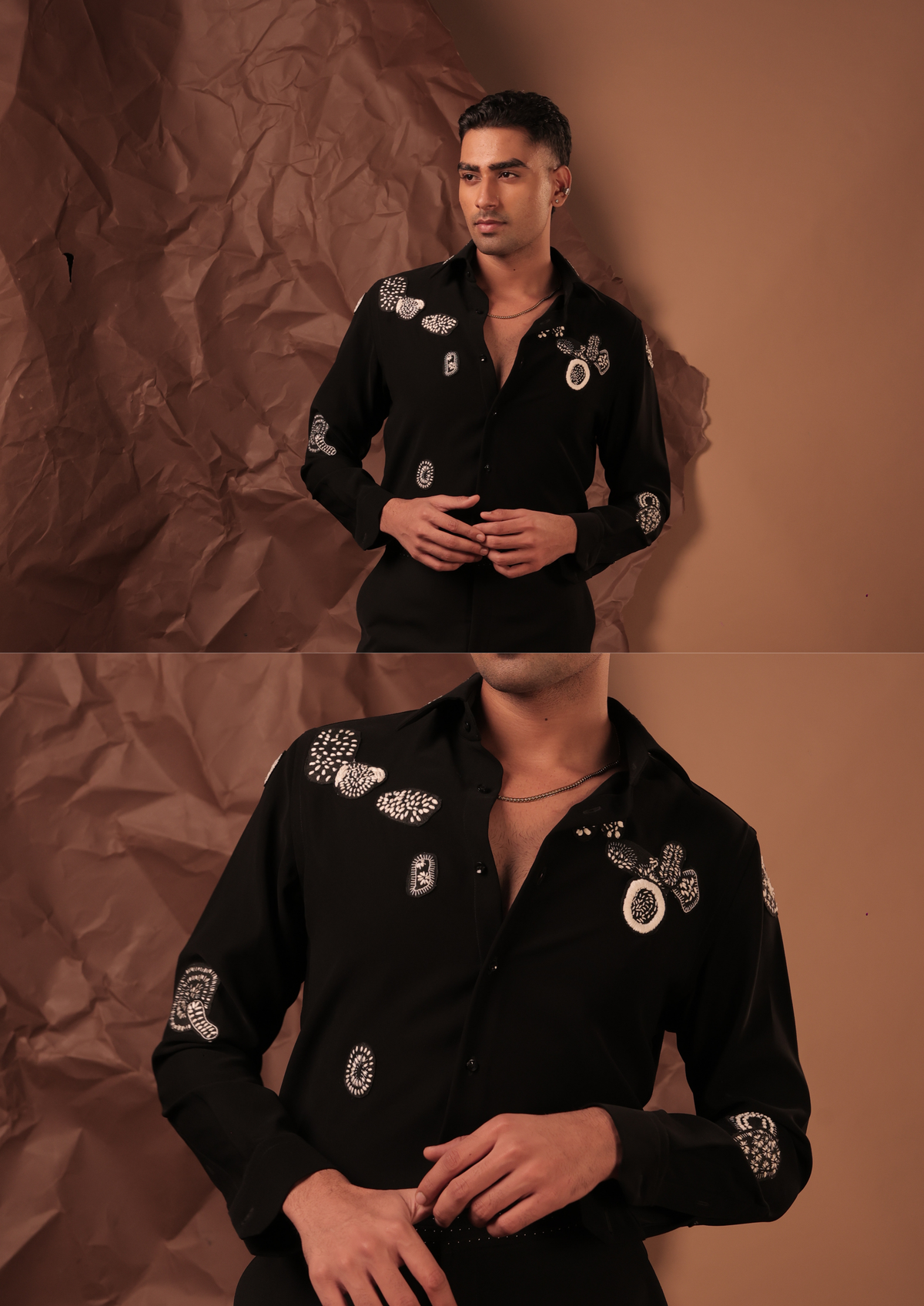 Close-up of HORD Ministry of Masala shirt showing ivory kantha and beaded motifs on black