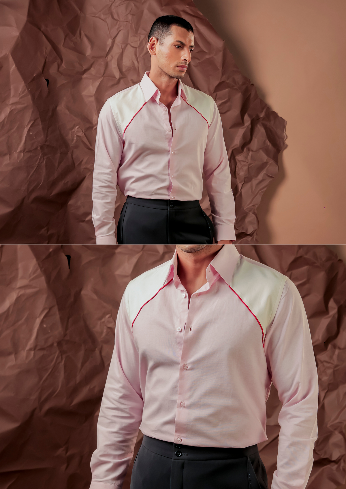 Close-up of HORD Crest shirt showing ivory shoulder panels and red piping on pale pink