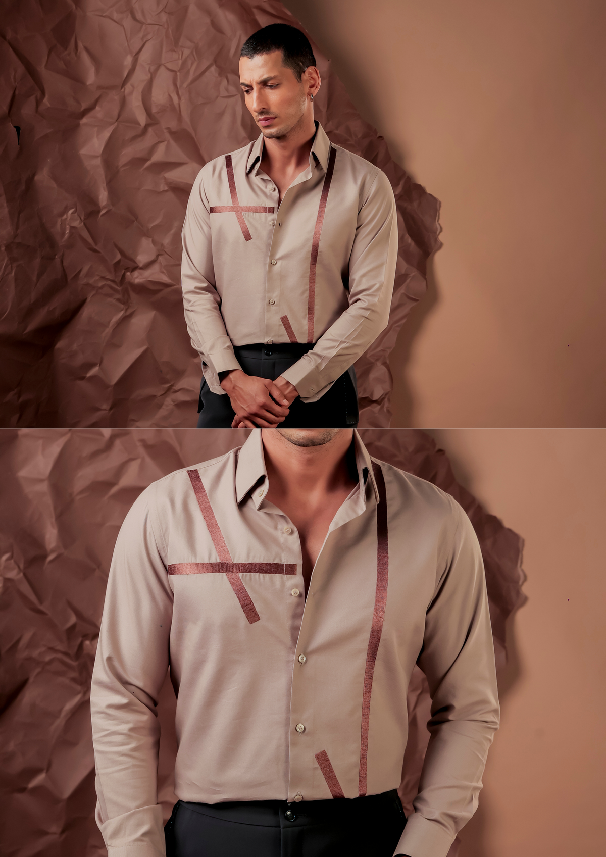 Man wearing HORD Chopsticks beige shirt with rust and black crossing tape line appliques, full body and detail collage