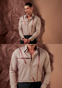 Man wearing HORD Chopsticks beige shirt with rust and black crossing tape line appliques, full body and detail collage