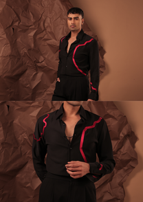 Man wearing HORD Rio black shirt with pink squiggly line print, full body and detail collage