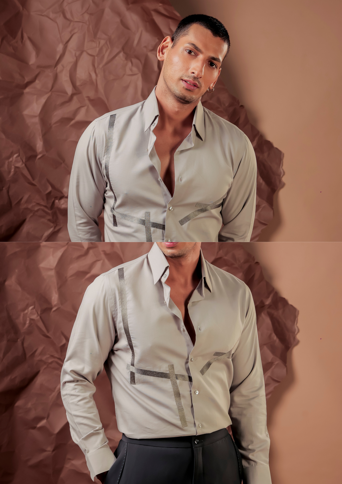 Man wearing HORD Duct Tape light grey shirt with tonal crossing tape line appliques, full body and detail collage