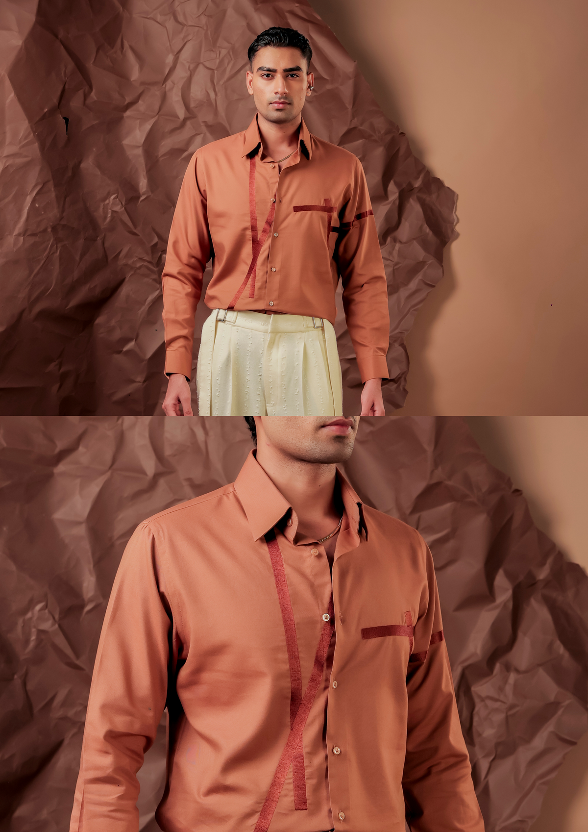 Man wearing HORD Crime Scene terracotta shirt with maroon tape line pocket flap, full body and detail collage