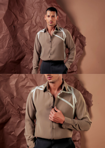 Man wearing HORD Mikado taupe shirt with white crossing tape line appliques at collar, full body and detail collage